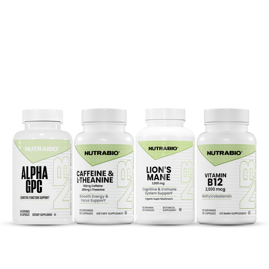 Four white supplement bottles for the Calm Focus Stack, labeled Alpha GPC, Caffeine & L-Theanine, Lions Mane, and Vitamin B12 for memory support and focus.