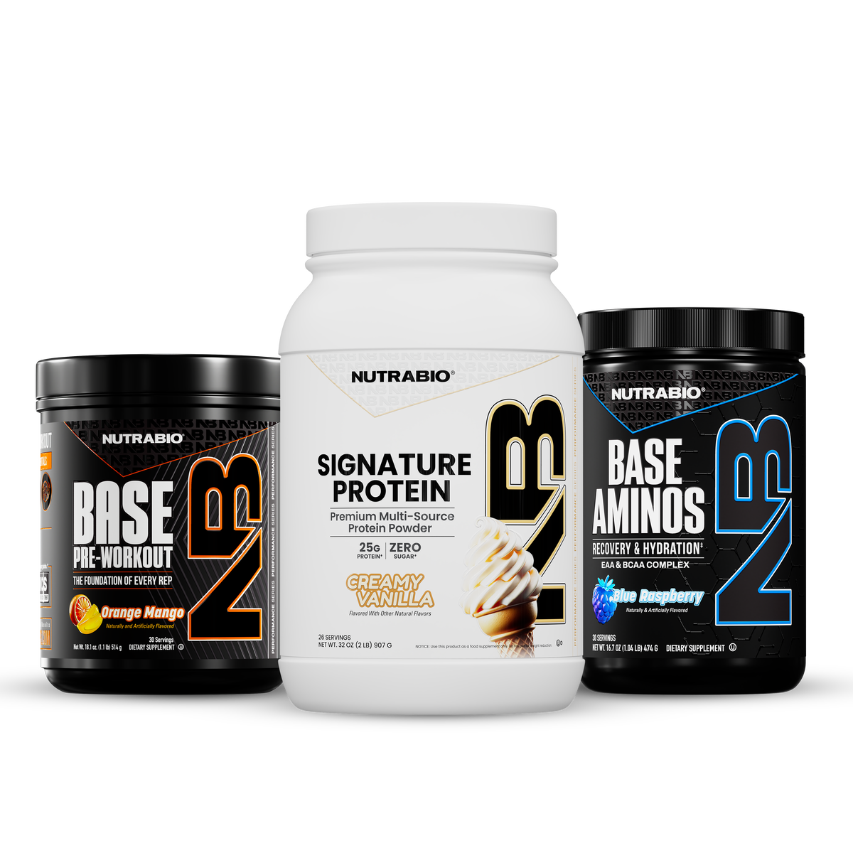 Essential Training Stack featuring three tubs of dietary supplement powder: a black container of orange mango pre-workout, a white container of premium protein, and a black container of blue raspberry essential amino acids.