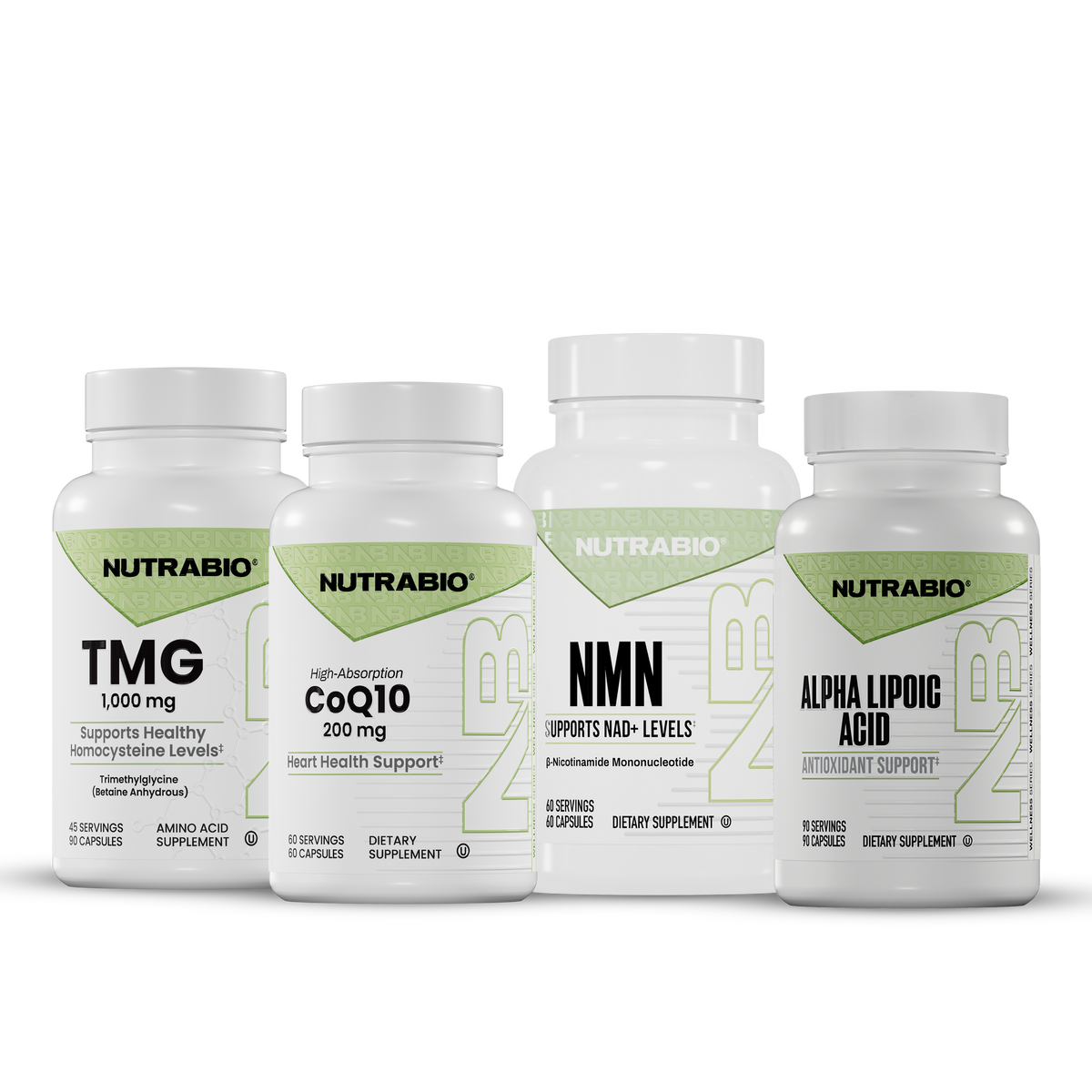 Healthy Aging Stack consisting of four bottles of nutritional supplements labeled TMG, CoQ10, NMN, and Alpha Lipoic Acid.