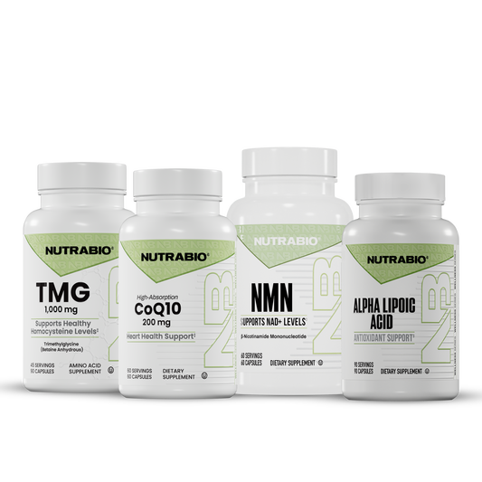 Healthy Aging Stack consisting of four bottles of nutritional supplements labeled TMG, CoQ10, NMN, and Alpha Lipoic Acid.