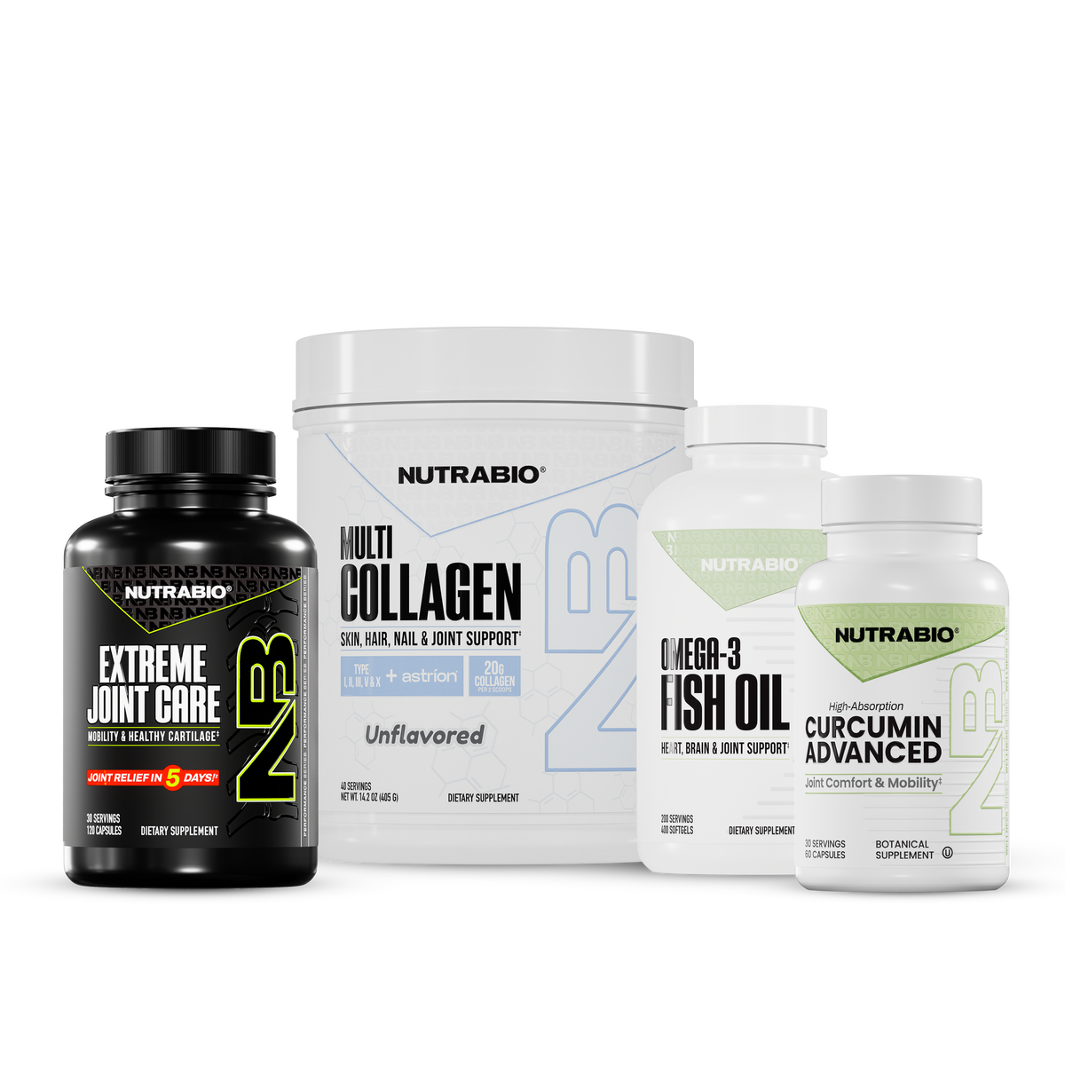 Joint & Mobility Stack consisting of a black bottle of joint comfort capsules, a large white tub of multi collagen protein powder, a white bottle of omega-3 fish oil, and a small white bottle of curcumin capsules.