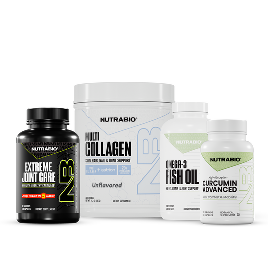 Joint & Mobility Stack consisting of a black bottle of joint comfort capsules, a large white tub of multi collagen protein powder, a white bottle of omega-3 fish oil, and a small white bottle of curcumin capsules.