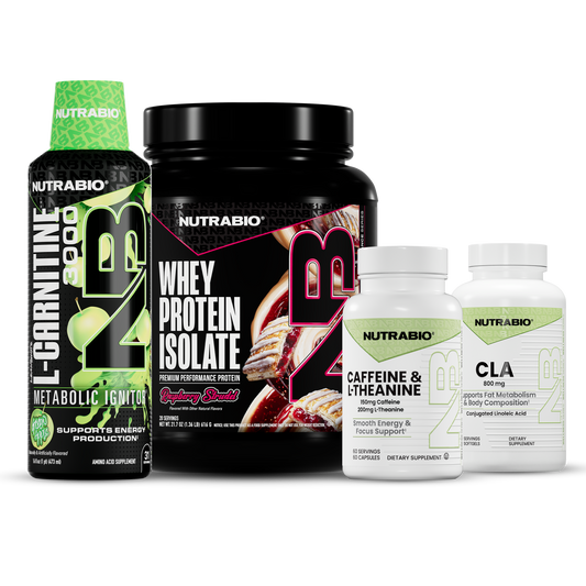 The Lean Body Stack featuring four fitness supplements: liquid L-Carnitine, whey protein isolate, Caffeine & L-Theanine, and CLA.