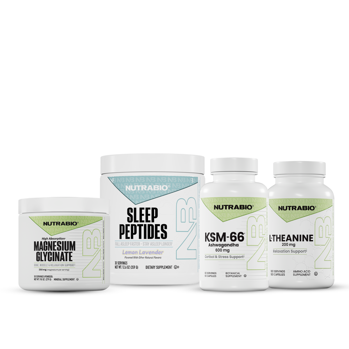 Restful Sleep Stack featuring four dietary supplement bottles: magnesium glycinate powder, sleep peptides powder, ashwagandha capsules, and L-theanine capsules.