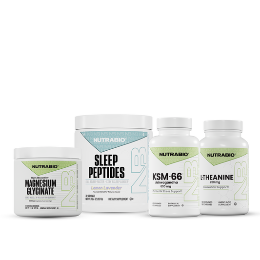 Restful Sleep Stack featuring four dietary supplement bottles: magnesium glycinate powder, sleep peptides powder, ashwagandha capsules, and L-theanine capsules.