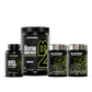 The Strength Essentials Stack consisting of four black containers, including a large tub of creatine monohydrate and three smaller bottles of natural testosterone support capsules.