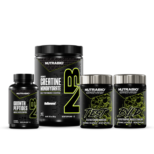 The Strength Essentials Stack consisting of four black containers, including a large tub of creatine monohydrate and three smaller bottles of natural testosterone support capsules.