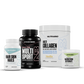 Women’s Wellness Stack consisting of four bottles and tubs, including hair, skin, and nails capsules, a multivitamin, vanilla collagen powder, and magnesium glycinate powder.