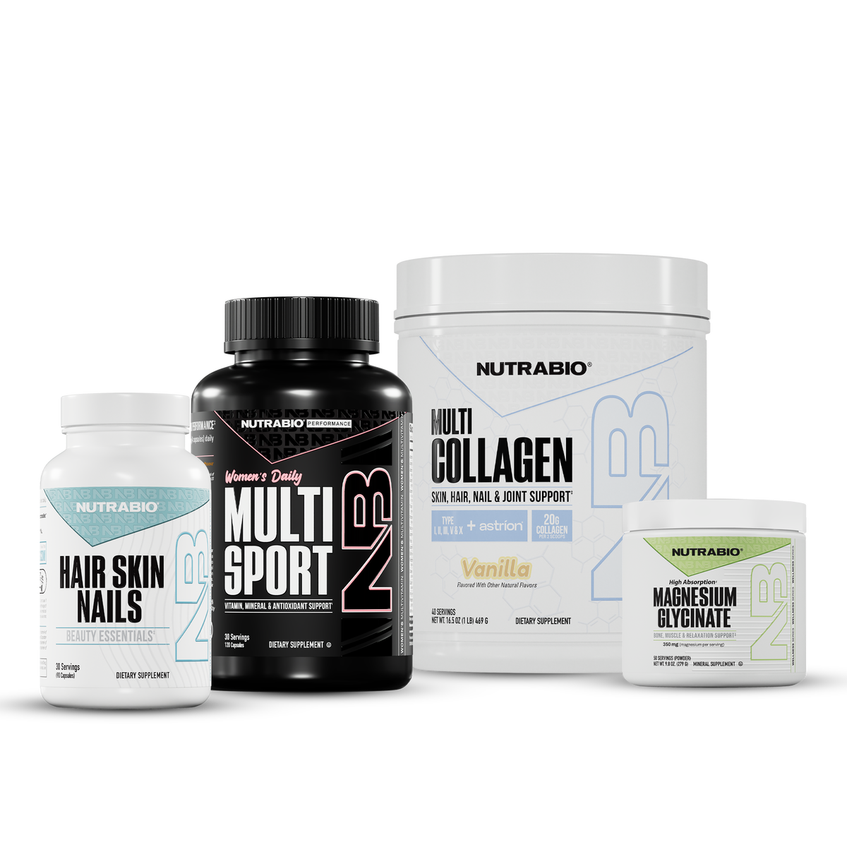 Women’s Wellness Stack consisting of four bottles and tubs, including hair, skin, and nails capsules, a multivitamin, vanilla collagen powder, and magnesium glycinate powder.