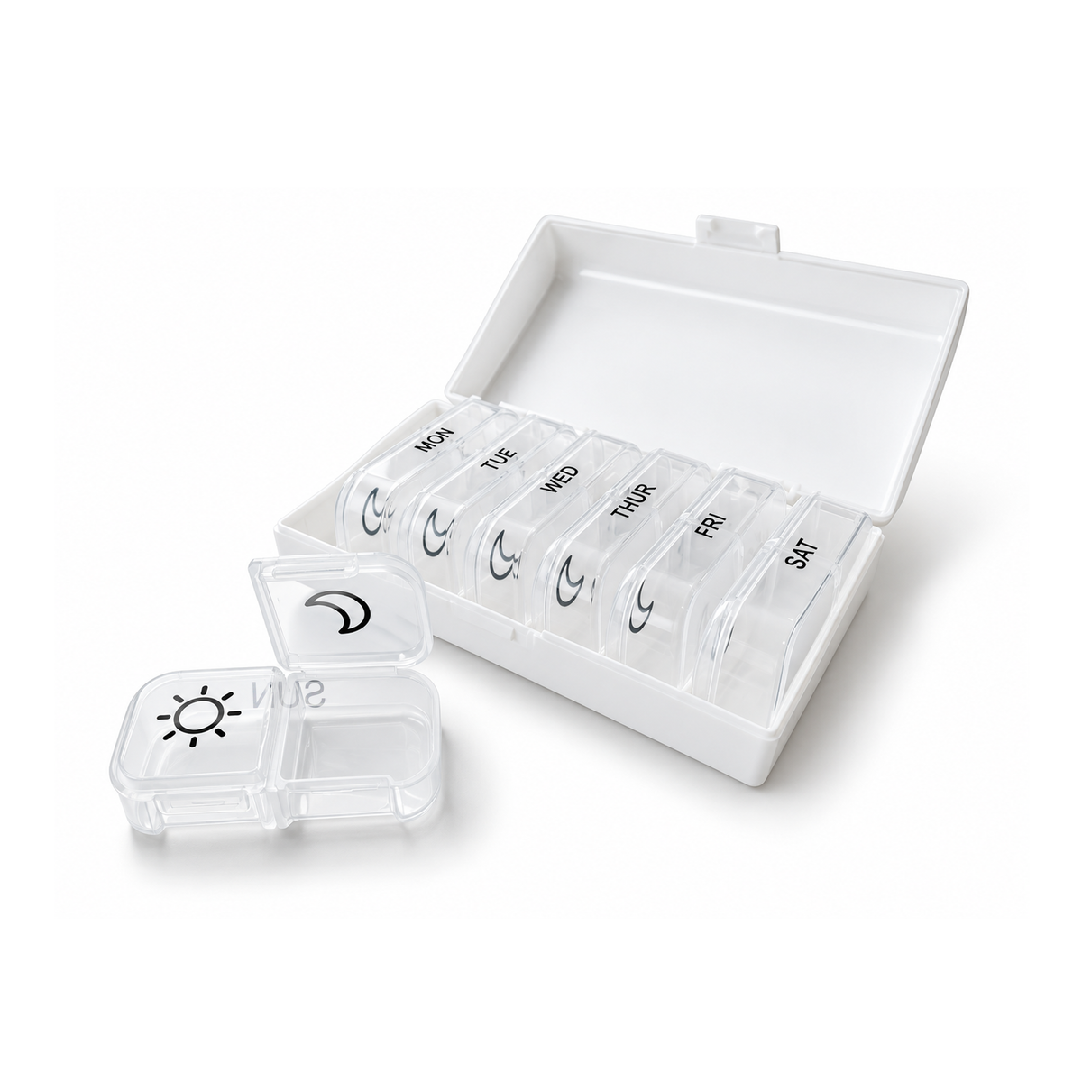 A white Weekly Pill Organizer with seven individual compartments labeled by day, plus one detached supplement case marked with sun and moon icons.