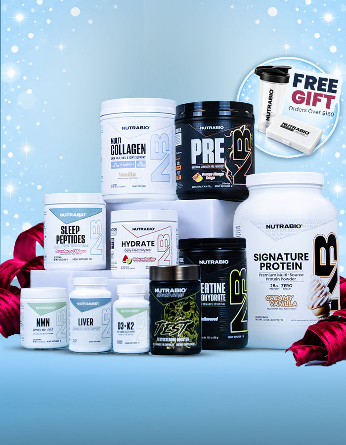An assortment of NutraBio supplement tubs and bottles arranged on display blocks with a red ribbon and a Free Gift callout.