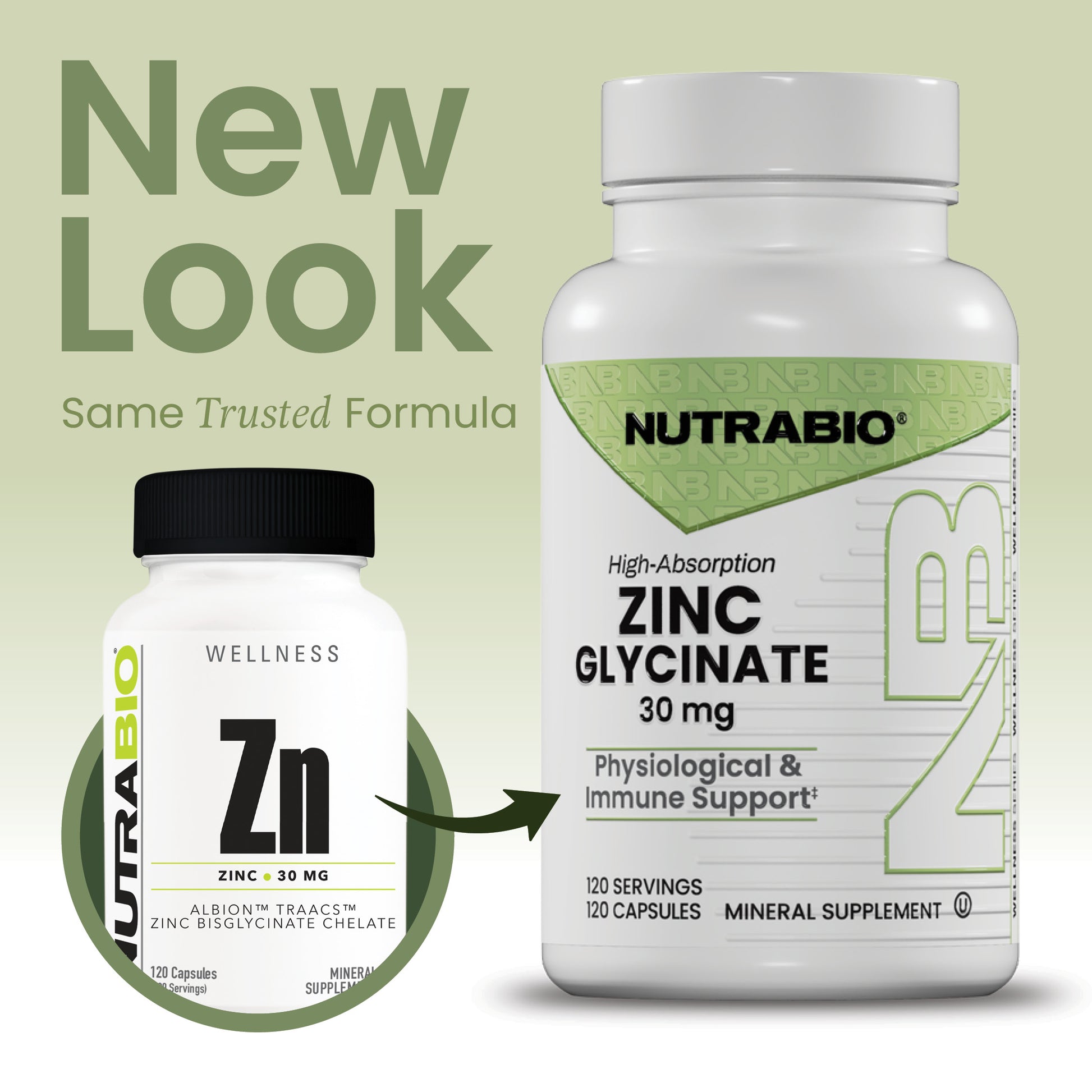 NutraBio transition photo from the old Zinc label to the new Zinc Glycinate label