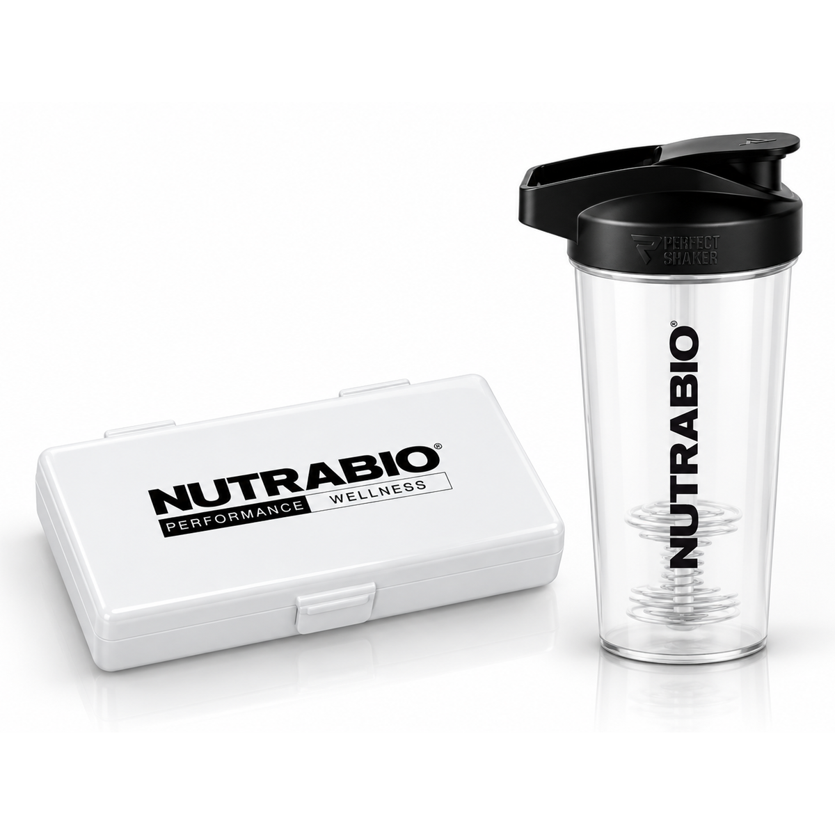A Daily Routine Kit containing a branded white rectangular weekly pill organizer and a clear plastic shaker bottle with a black lid.