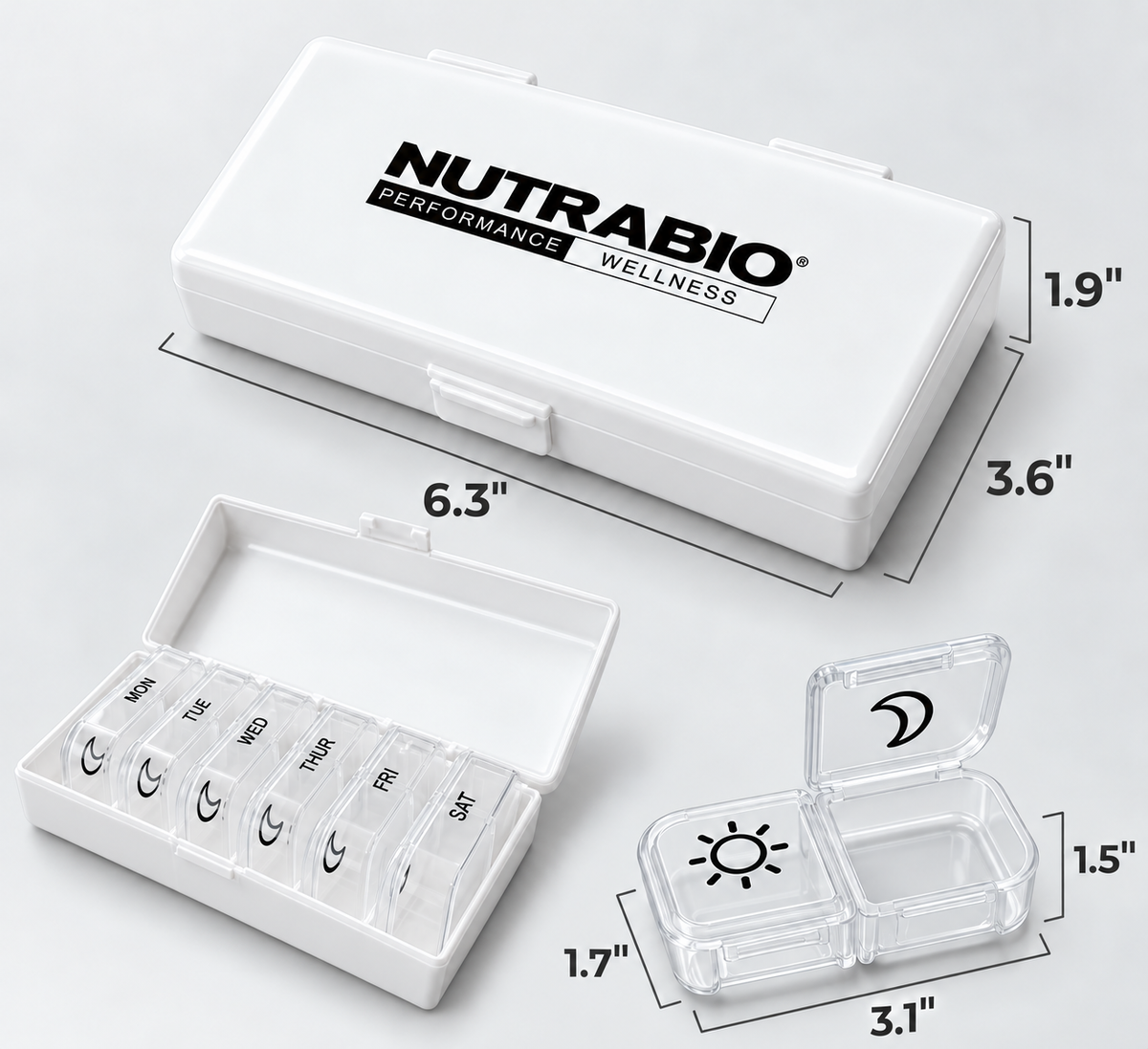 A closed rectangular pill container, an open Weekly Pill Organizer, and a small two-compartment travel pill box, all shown with their physical dimensions.