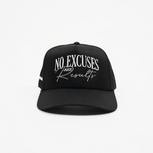 Black cap with 'No Excuses Just Results' text on a white background