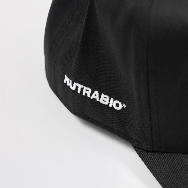 Black cap with 'NUTRABIO' logo on a light gray background