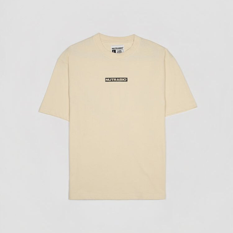 Beige t-shirt with a logo on a white background