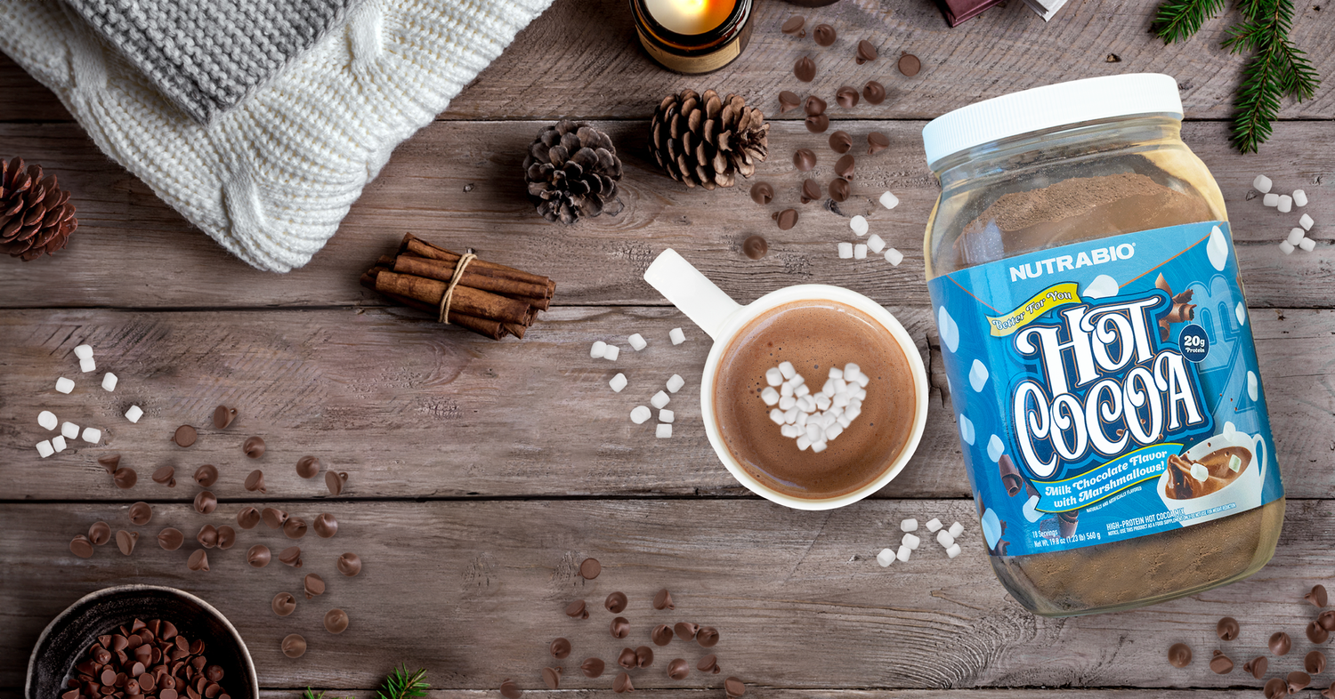 NutraBio Hot Cocoa Protein With Marshmallows. The Deliciouse protein packed hot chocolate supplement. Free NutraBio Holiday Mug with every hot cocoa purchase.