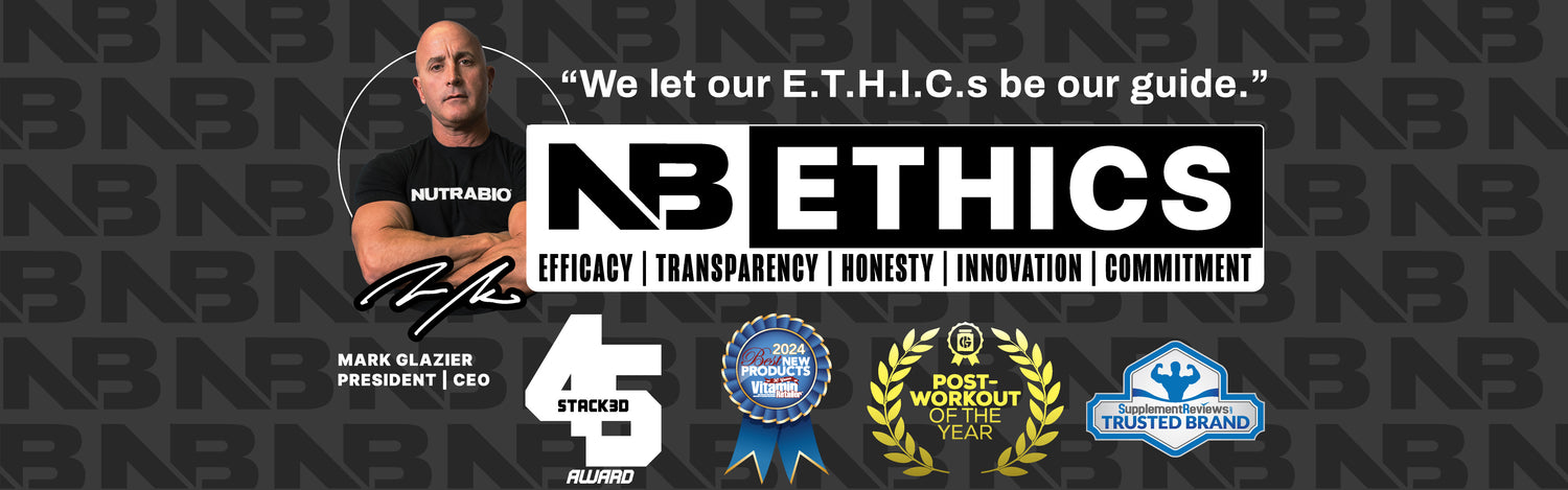 NutraBio Ethics E.T.H.I.C.S stands for Efficacy, Transparency, Honesty, Innovation, and Commitment.