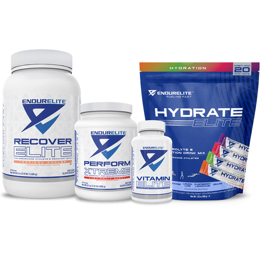 Containers of Recover Elite, Perform Extreme, Vitamin Elite, and Hydrate Elite supplements.