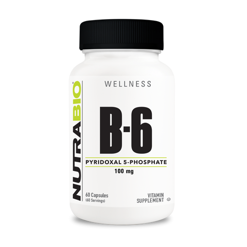 A white tub of NutraBio's B-6 supplement on a white background.