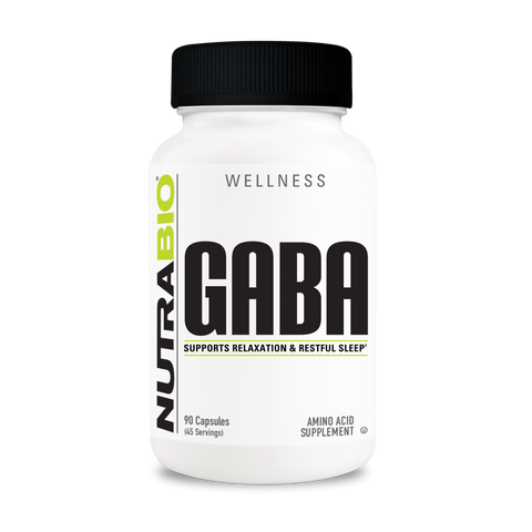 A white tub of NutraBio's GABA supplement.