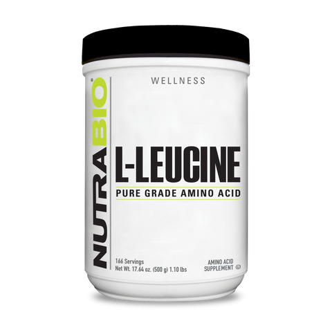 A white tub of NutraBio's L-Leucine supplement.