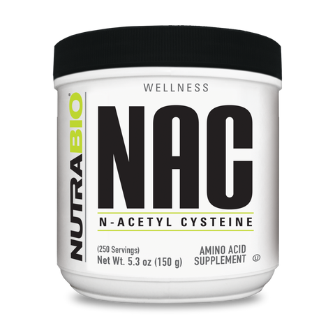 A white tub of NutraBio's NAC Wellness supplement on a white background.