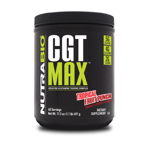A black tub of NutraBio's CGT Max supplement on a white background.