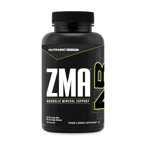 A black tub of NutraBio's ZMA supplement on a white background.